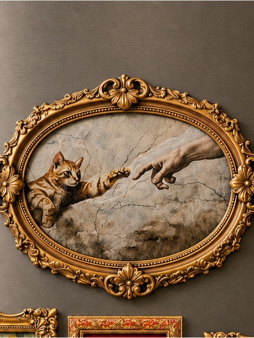 Cat Creation of Adam Oval Fridge Magnet Faux Gold Frame